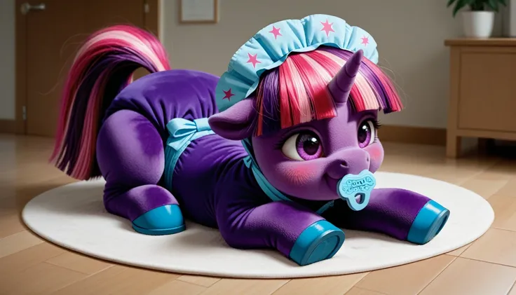 purple pony unicorn alone, purple wool , Twilight Sparkle, adult mare, dark blue with a purple strand and a pink strand of mane, gathered in a blue bonnet, dark blue with purple streak and pink streak tail,  Purple eyes, sits in the room on a soft play mat...