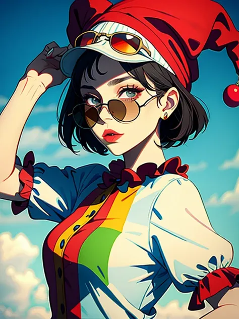 a clown in a sunglasses cap and cold blouse