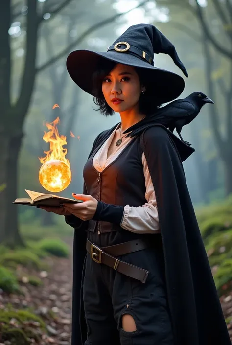 a serious fiece smart beautiful elegant lady with short black hair, her eyes are half red, dark red lips, put on a lush witch ha...