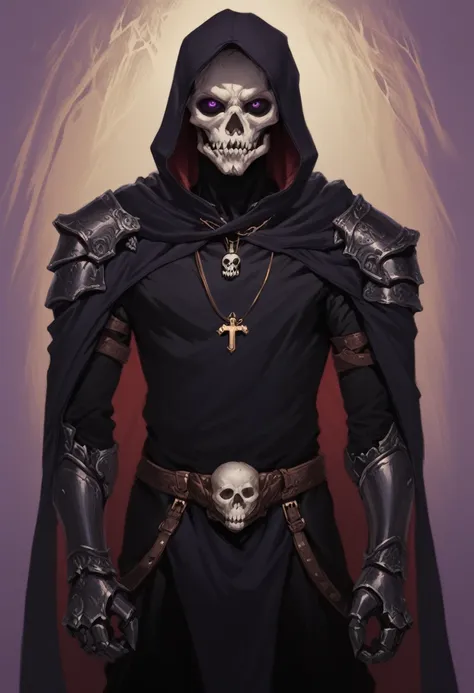 (dark fantasy).(realistic illustration:1.4). A male hooded shadow wraith, obsidian skin, a being of pure shadow. with violet eyes, ((obsidian skull face)), black armor, cross pendant, tall, imposing, ((with his raven bird))