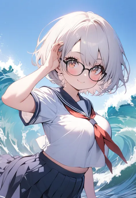 one girl, light skin, chubby, very short hair, white hair, brown eyes, black glasses, schoolgirl uniform, sailor uniform, skirt,...