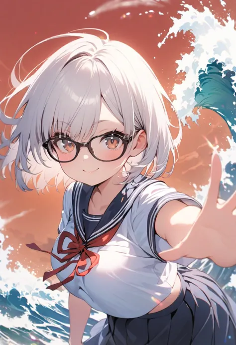 one girl, light skin, chubby, very short hair, white hair, brown eyes, black glasses, schoolgirl uniform, sailor uniform, skirt,...