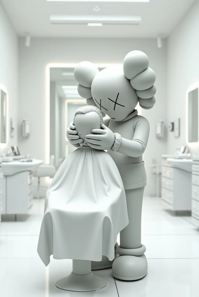  Kaws Barber Sculpture 
Cutting a Customers Hair, Superrealistic White Barber Shop in the background  
