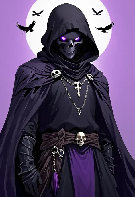 (dark fantasy).(realistic illustration:1.4). a male hooded shadow wraith, obsidian skin, a being of pure shadow. with violet eye...