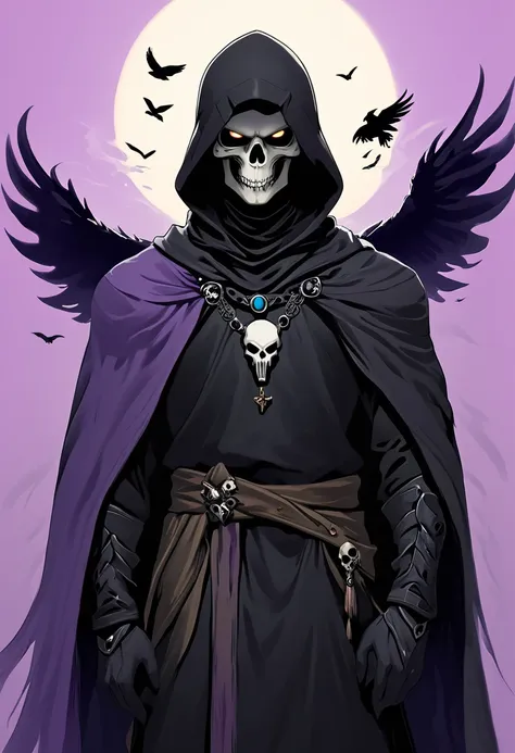 (dark fantasy).(realistic illustration:1.4). a male hooded shadow wraith, obsidian skin, a being of pure shadow. with violet eye...