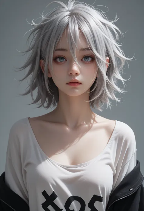 japanese,goth,medium hair,silver hair,messy hair,medium breasts