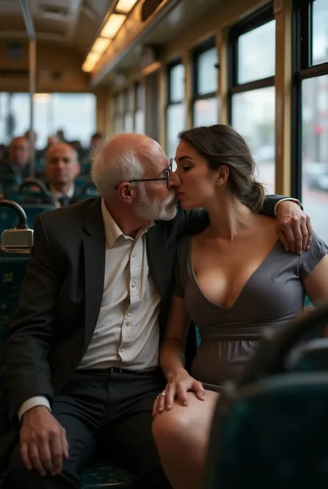 old men kiss the breasts of a girl with big boobs on the bus
