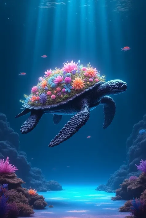 "A giant turtle ,  with carapaces covered by flowers and exotic plants ,  swimming in a crystal clear ocean a starry sky at dusk .  The scene is illuminated by soft, colorful lights What emanate from the plants in the carapace,  creating a magical biolumin...