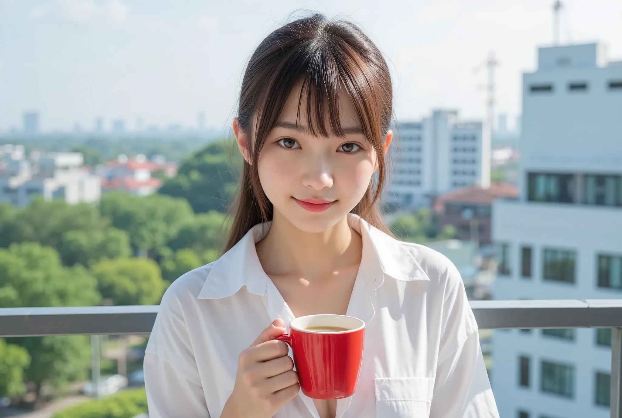 a 23-year-old thai young woman stands on a balcony's edge, her partially-buttoned large white shirt framing her beautiful skin a...