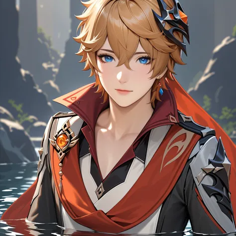 A young boy with striking blue eyes, adorned in an exquisite orange-haired style, wearing a black jacket and gloves, standing solo in a serene water setting, with a scarf and jewelry accentuating his refined features, masterfully captured in a photorealistic, highly detailed 8K portrait, showcasing the character's captivating presence from Tartaglia (Genshin Impact), utilizing exceptional focus and lighting to create a truly stunning and impactful visual masterpiece.