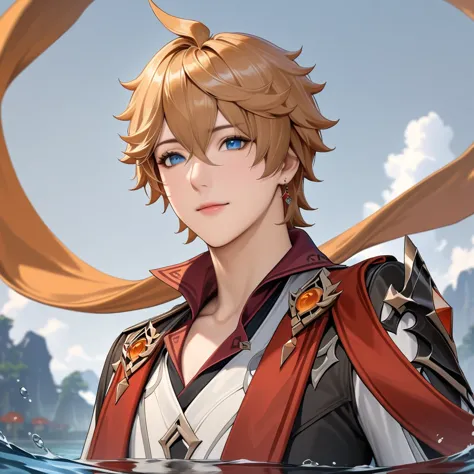 A young boy with striking blue eyes, adorned in an exquisite orange-haired style, wearing a black jacket and gloves, standing solo in a serene water setting, with a scarf and jewelry accentuating his refined features, masterfully captured in a photorealistic, highly detailed 8K portrait, showcasing the character's captivating presence from Tartaglia (Genshin Impact), utilizing exceptional focus and lighting to create a truly stunning and impactful visual masterpiece.