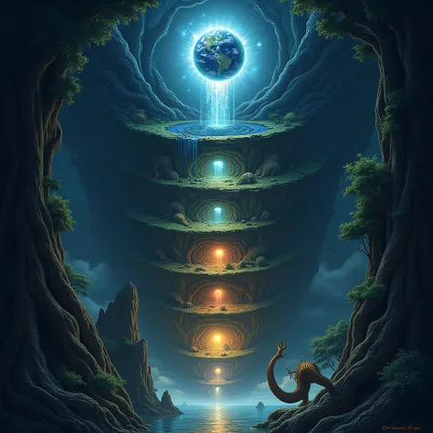 "An ethereal scene depicting seven mystical realms descending below the Earth (Bhuloka) in a dark, cosmic void. The Earth is shown at the top, while below it, each realm descends in layers. The first realm (Atala) has mysterious caves with sparkling gems. ...