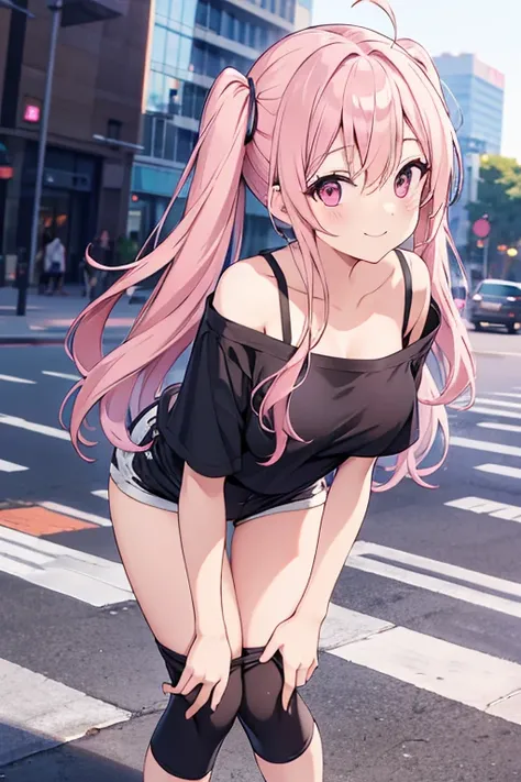  long light pink hair　 twin tails　Black hot pants　 off-shoulder t-shirt　Leaning forward　Keep a low posture　Hands on knees　 small breasts　Small breasts　Areola　smile　In the city