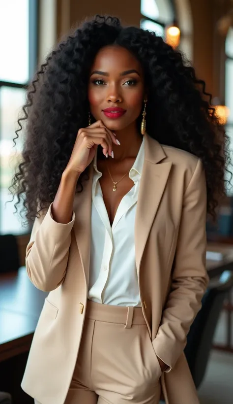 30-year-old black businesswoman, with very long, curly black hair, wearing a fitted beige blazer, white blouse, beige leather pants, elegant earrings and necklace, and red lipstick. Posing with hand on chin, in a luxurious office and windows. Close-up phot...