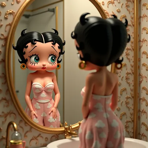 Betty boop, wearing pearl towel on hair, after shower, facing to mirror, can see herself inside the mirror, wearing sheep pattern pajama set, in luxury bathroom with mostiac tiles decoration, romantics style 