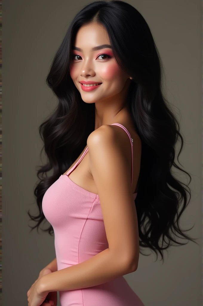 (( Real photos ))((masterpiece))((8K wallpaper )) (( Illumination shot from a professional studio )) Lady wears a tight top with a cute short dress,  Tight wavy hair ,  Charming pink makeup , grace, beautiful smile,  Amazing look ,  Beautiful Face ,  Pink ...