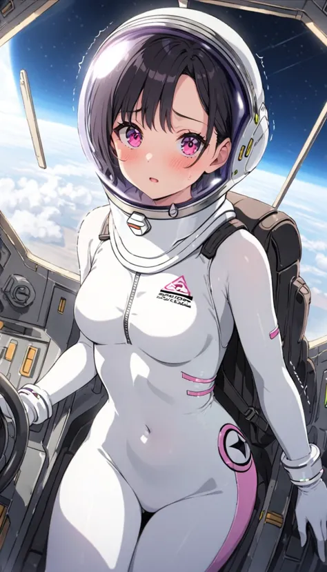 1人of女of子,alone,short hair,(space suit:1.15), black hair space helmet ,whole body, indoor, masterpiece of the highest quality,  t...