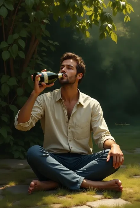 A man sitting on the ground drinking champagne from a bottle against the ground 