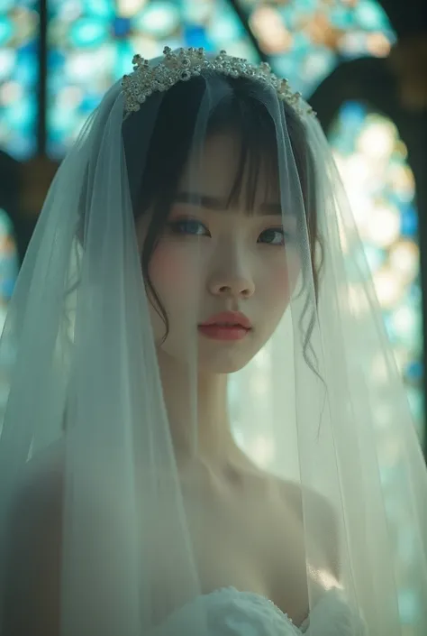 Ethereal and Haunting Live-Action VeiledFace, KAWAII Innocent Beauty Bride Wearing Veil on Full Face from Below,  Blurred Face Seen Through the Veil from below, The background is Filled with Elaborate stained glass, Rainbow Glass Dome-Shaped Ceiling from b...