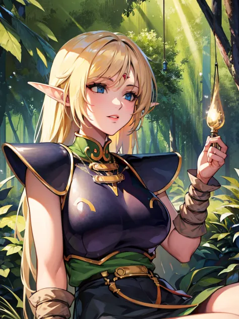  show me her armpits,((masterpiece、Best Quality、Supermarket、 Kampala、Genuine、 sharp concentration ))、 face light 、((Delicate and beautiful))、Female Elf、 Deedlitt、(( blond hair))、(( ponytail)),Round face、Sexy appearance、Blue and white armor、In the forest、 black knee-high socks 、 fantasy character、((Large Breasts)), sexy costume