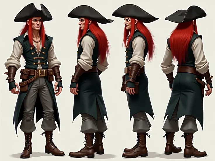 Generates a series of detailed full-body images of a character consisting of a 40-year-old pirate with an evil face, scarred face, long red hair, viewed from all angles (front, back, left profile, right profile, three-quarters, top view, bottom view). The ...