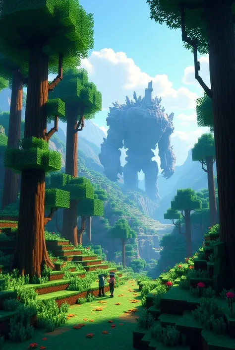 Generate a striking Minecraft server cover of a beautiful Minecraft landscape in a forest, another with more scenery and a boss in the background of an epic fight