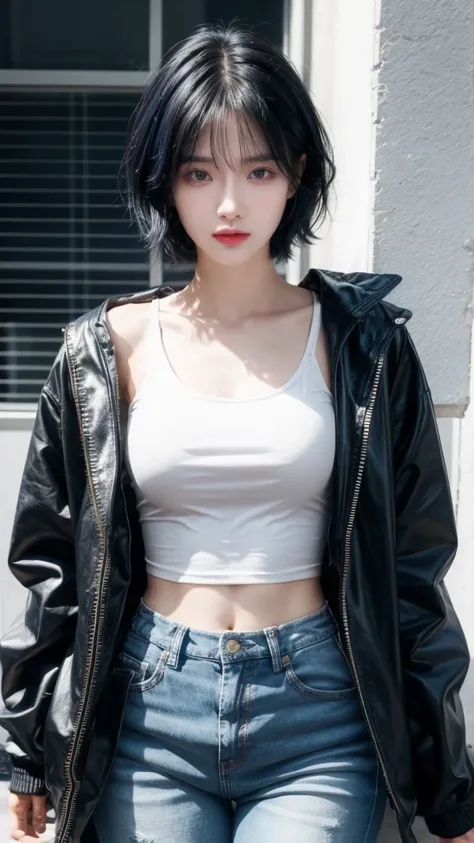 best quality, 1 Girl, dark blue hair, black eyes, Very short hair, Spiky hair, t-shirt, jacket , High waist jeans, 171 cm, Messy hair, Hair between the eyes, Medium breasts, full, Tomboy, aldult, 20 years old, 1 Girl