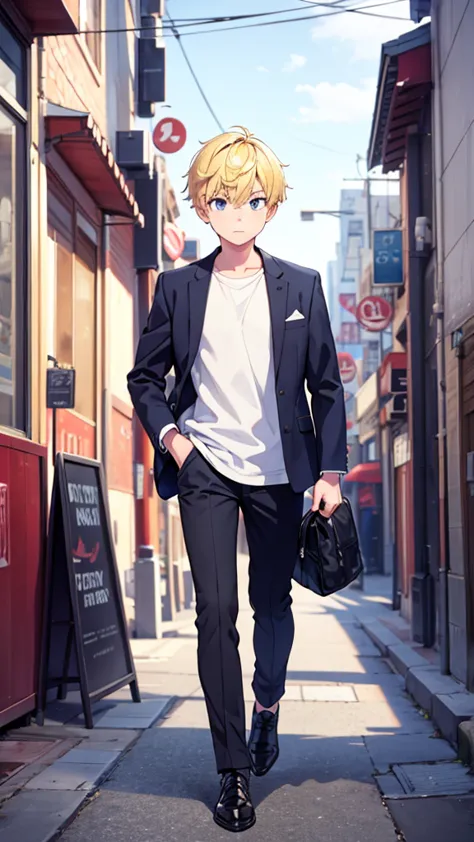 a boy, walking through the streets of a city ,  full body ,  short hair , blonde hair, hd model,  tall details , quality, high q...