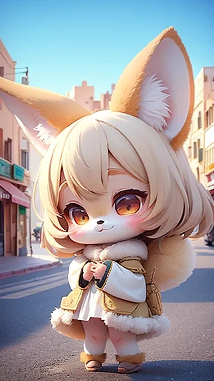 ((furry)), super deformed small girl, fennec girl、 traditional algerian costumes、views of the port city in algeria、((best qualit...