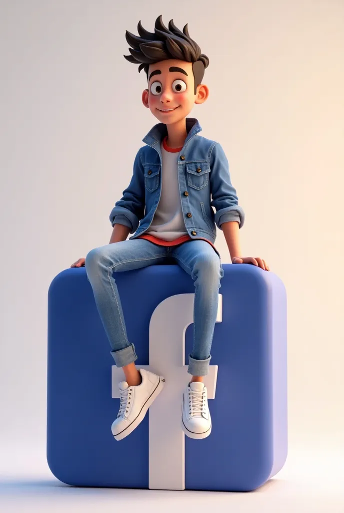 Create a 3D illustration of an animated character sitting casually on top of a social media logo "FACEBOOK". The character must wear casual modern clothing such as jeans jacket and sneakers shoes. The background of the image is a social media profile page with a user name "IRFAN SABIR" and a profile picture that match.