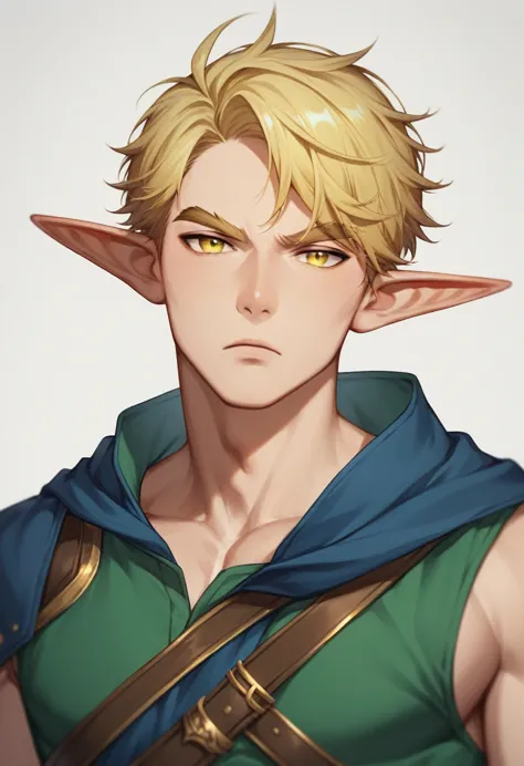  (1boy),Male elf,yellow eyes,long lanky,astute,has blonde short hair, thick brows,long ears,wears combat tunic or royal prince attire,serious,frowns,menacing,looks at viewer, stoic,wears green and gold colors,