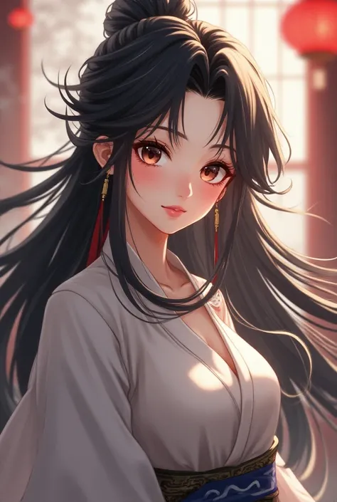 There is a woman with long hair Realistic young anime girl, Chinese girl,  anime long hair girl, Baiji haircut hairstyle, Cute and natural anime face, Realistic anime 2D style, beautiful anime girl, Has a cute and delicate face, Beautiful anime portrait,au...