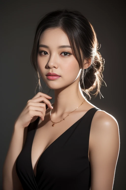 Asian woman ( youกำลังทำผมด้วยมือทั้งสองข้าง, เปิดเผยชุดชั้นในสีขาวของyou), necklace,  small breasts, Round bust , overcoat((you)), (( mid-shot ,  Full Body , Slim waist)), Hair updo、  glowing eyes , Nose, blush, Karl Larsson, Alphonse Mucha, Light and Sha...