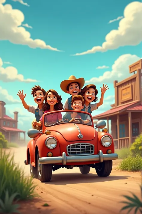 Photo of some people leaving a ranch in an animated car