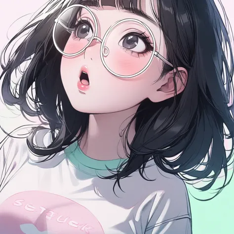 girl, black hair, black eyes, beautiful, nerdy t-shirt, pastel colors, face close-up, flat, lipgloss, brat, big round glasses, k...