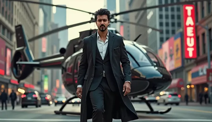 Indian actor Vijay in stylish coat suit, don look, American city background, standing in main road, getting down from helicopter 