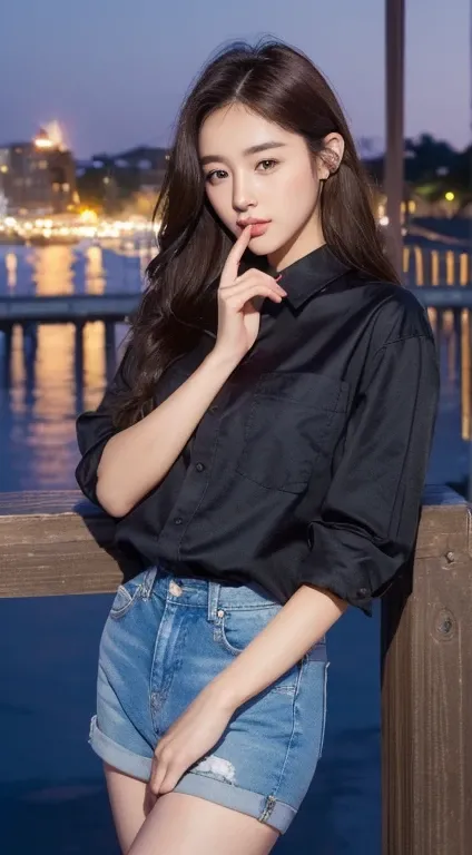 ((midnight, Need, 8k, masterpiece:1.3)), Whole body, Long legs, Focalor:1.2,  perfect figure. Pretty woman :1.4,  slim belly :1.1, (( dark brown hair , giant :1.2 )), (shirt, To stand:1.2), ((Night view of the city , On the bridge:1.3)),  Detailed facial a...