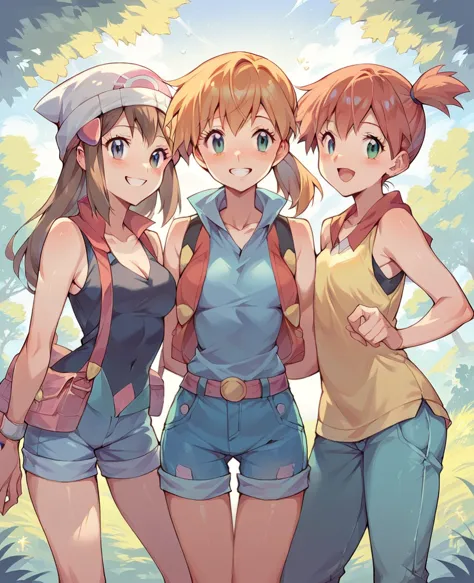 character pokemon, three girls , misty , dawn, may, together, smile , friends