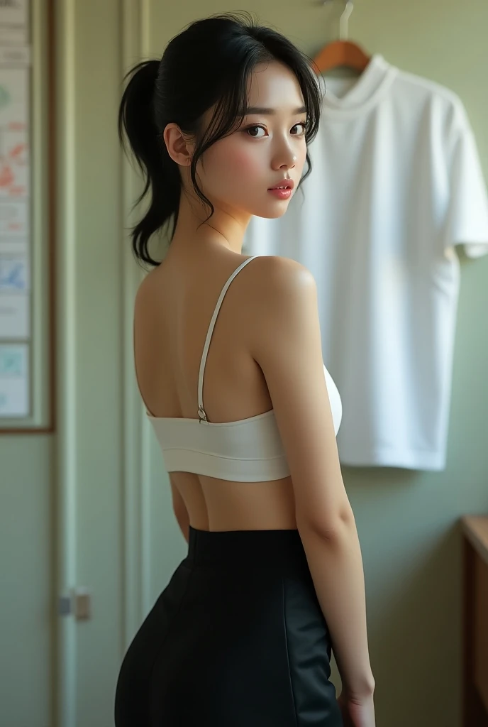 A beautiful young Taiwanese woman, 22 years old, has a short ponytail, standing with her back turned, wearing a sexy white bra and black pencil skirt, hanging white short sleeve shirt on the wall in the background, (best quality,4k,8k,highres,masterpiece:1...