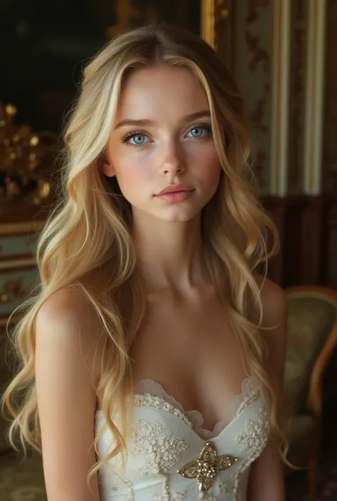 Beautiful young woman with gorgeous long blonde hair and she is adorable and nice blue eyes and she is short and standing in the queen chamber realistic portrait 