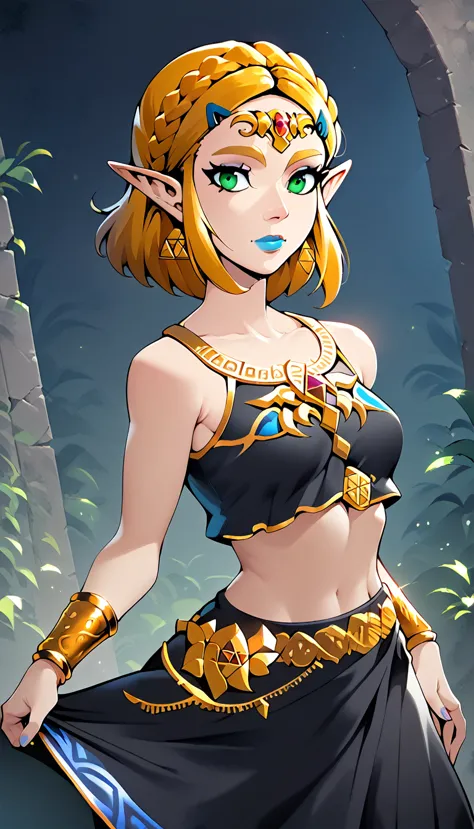 Score_9, Score_8_high, Score_7_high, Score_6_high, geewhy_Stil, Princess Zelda,
 1 girl, Alone,  looking at the viewer, , Gold, braid, green eyes, blonde hair, pointed ears, fair-skinned woman, makeup, lipstick,   blue lips, Breasts,  bare shoulders,  crop top, black dress
cowboy shot ,  Dutch angle ,  light smile , skirt
