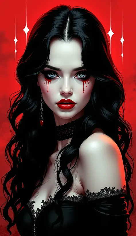 red black pop art portrait of gothic princess in video game black graphics style