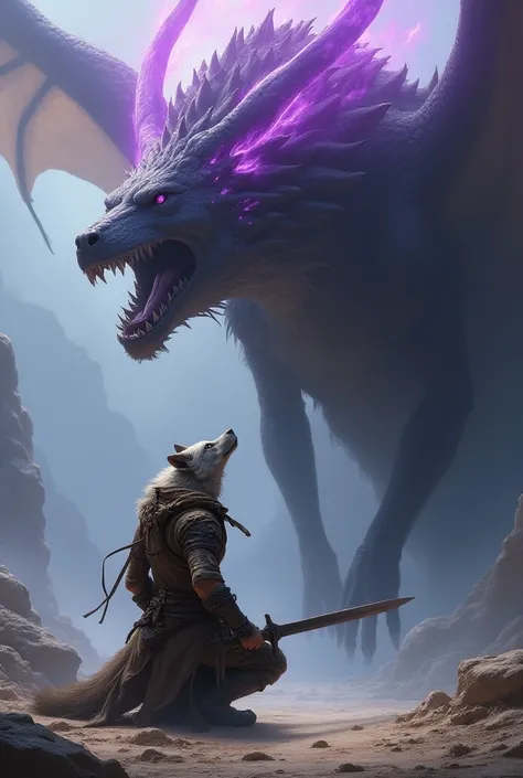 Anthro male wolf, wearing torn adventures gear and a broken sword, canine penis, at the feet of a large dragon, suprised expression, purple magic crown