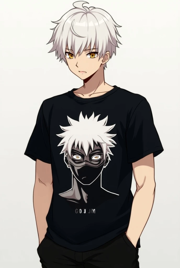 Give me a guy wearing a black t-shirt with a screen printing for gojo with a tap for Jujutsu kasen