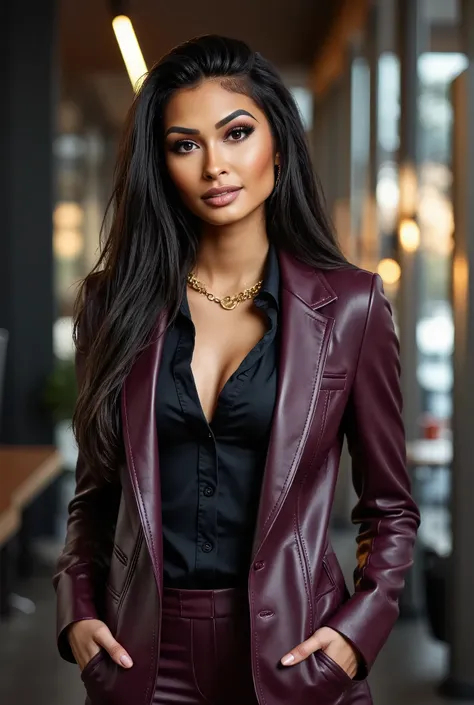 alis4lin3rerflx, a beautiful female business executive wearing an mulberry purple leather business suit with a open black button...