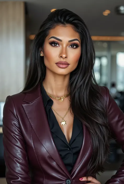 alis4lin3rerflx, a beautiful female business executive wearing an mulberry purple leather business suit with a open black button...