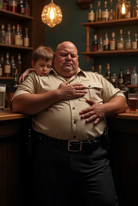 An old, obese cop with a big belly who has a tight belt around his belly and is wearing pants is lying at the bar counter..  Hes asleep and drunk and a 15-year-old boy whos completely naked and is on top of him hugging him and touching his belly and the po...