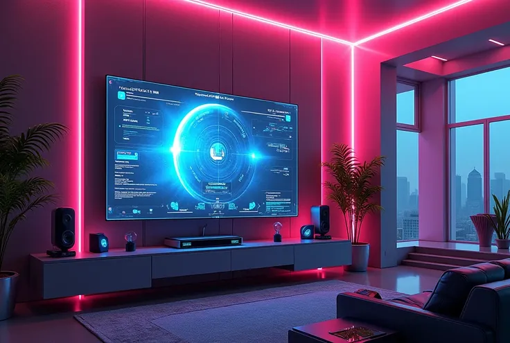 A cyberpunk image, cyberpunk cool hightech gaming set up with a big tv, cyberpunk house, neon light effect