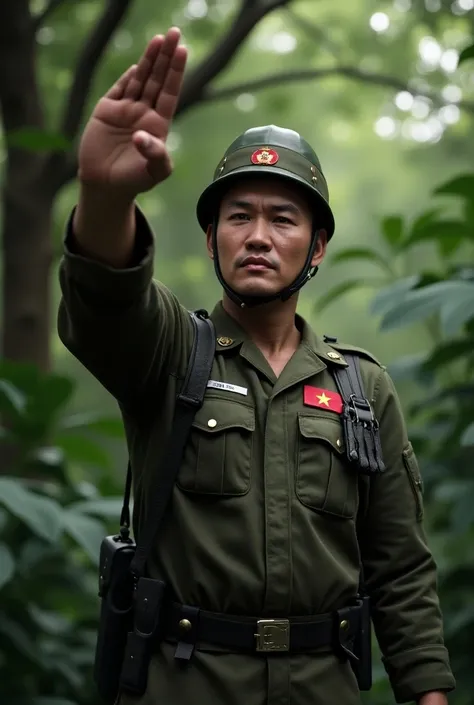 (photorealism:1.2), The viet nam 
soldier raised his hand to show his determination
