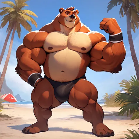 huge muscular kodiak bear in beach, big hulking flex, grunting noise, kodiak bear, huge white fur, thick arm, huge arm, added thigk colored brown mustache, added thick colored brown beard. Short hair, (veiny muscular, pectoral, wide pectoral, thick arms), ...